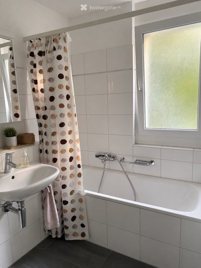 Modern bathroom with white tiles, a bathtub, a sink, a mirror, a shower curtain with a stone pattern, and a small plant on the windowsill.