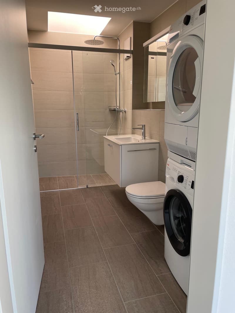 Modern bathroom with a glass-enclosed shower, toilet, sink, and a stacked washing machine/dryer unit.