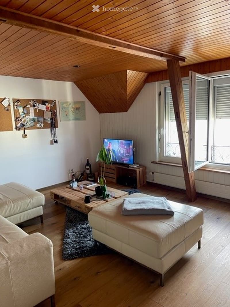 A furnished attic room with wooden floor, wooden ceiling, large windows, sofa, coffee table, and television
