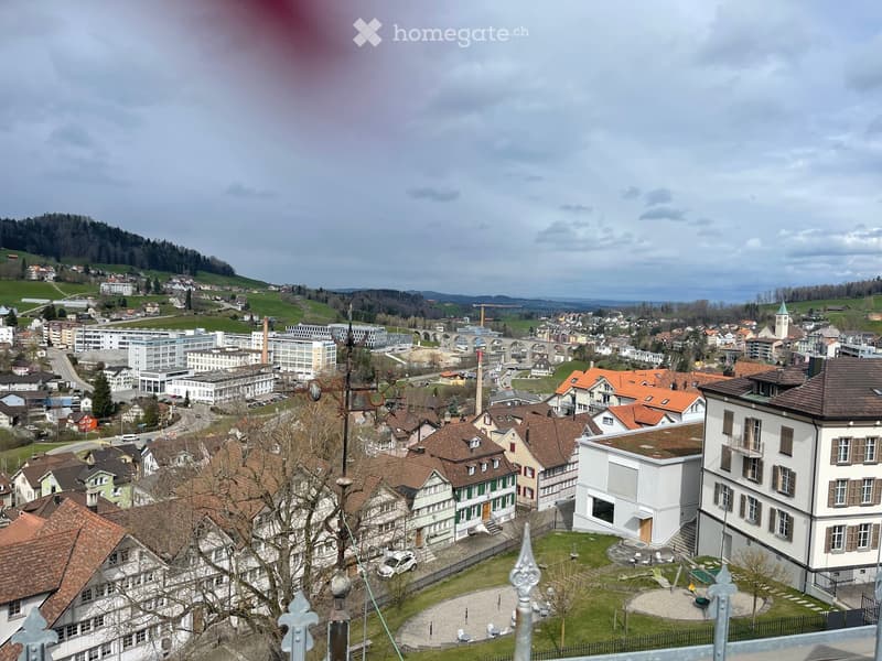 Townscape from above with a mountain in the background, several buildings, and a city view.