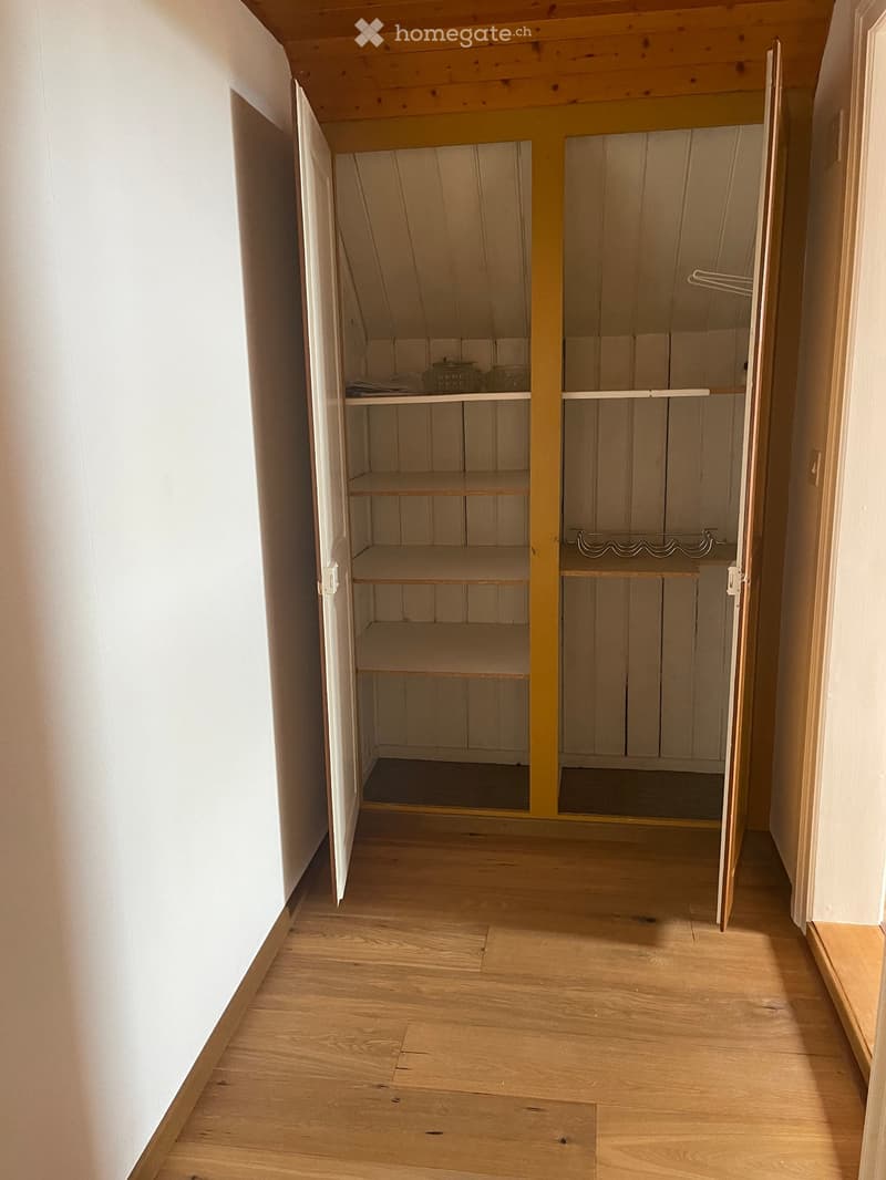empty closet with wooden shelves and a metal rod
