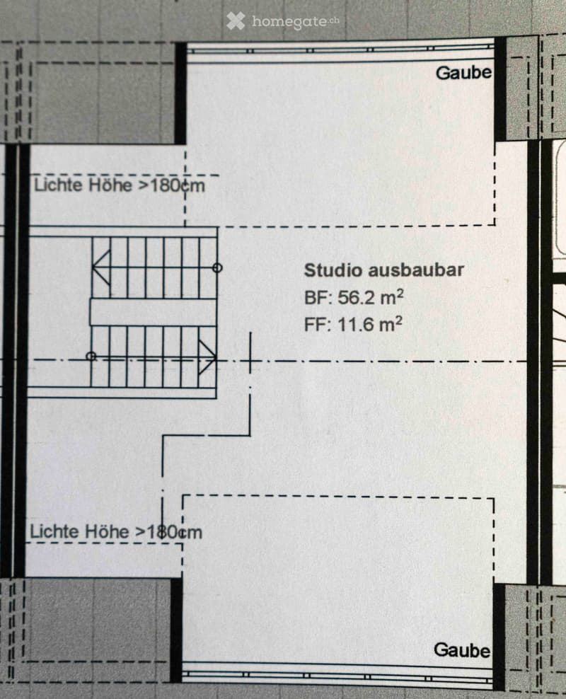 Floor plan showing a studio area with labeled dimensions and height requirements, including a separate room with a grid pattern and labeled areas.
