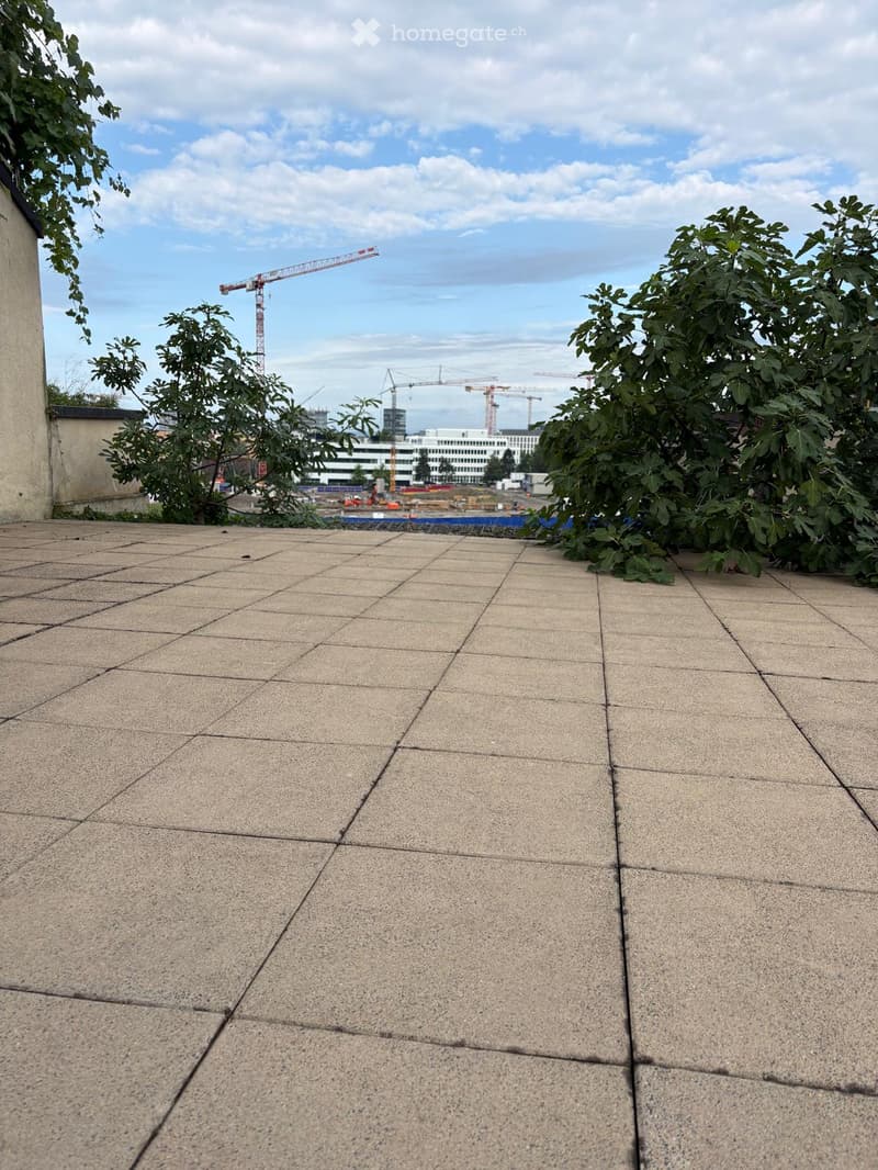 Empty balcony with tiled floor, surrounded by greenery and a view of construction cranes and buildings in the distance.