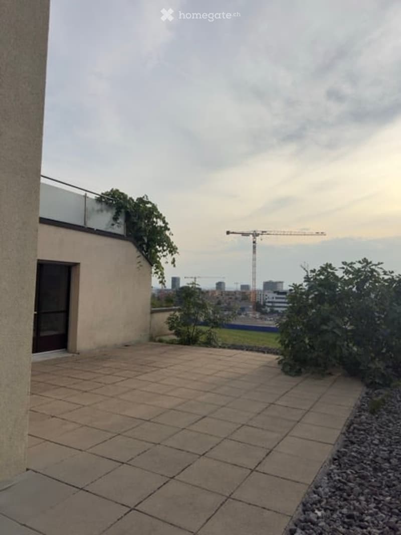 Balcony with tiled floor, metal railing, and greenery, overlooking a cityscape with construction cranes.