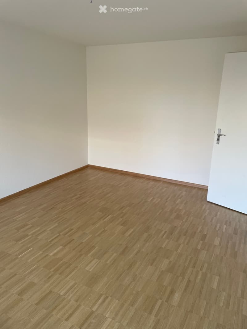 Empty room with light wooden flooring and white walls, featuring a single white door on the right side.