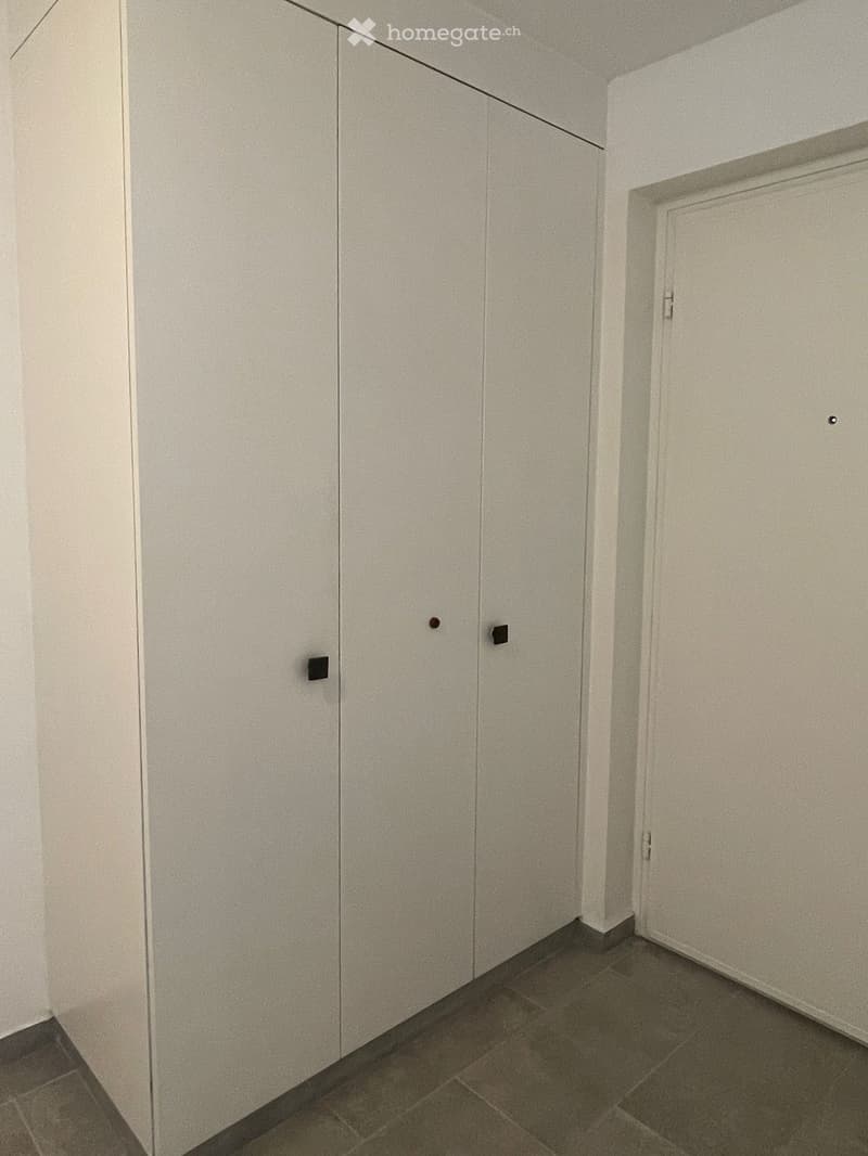 Empty room with built-in wardrobes and a white door.