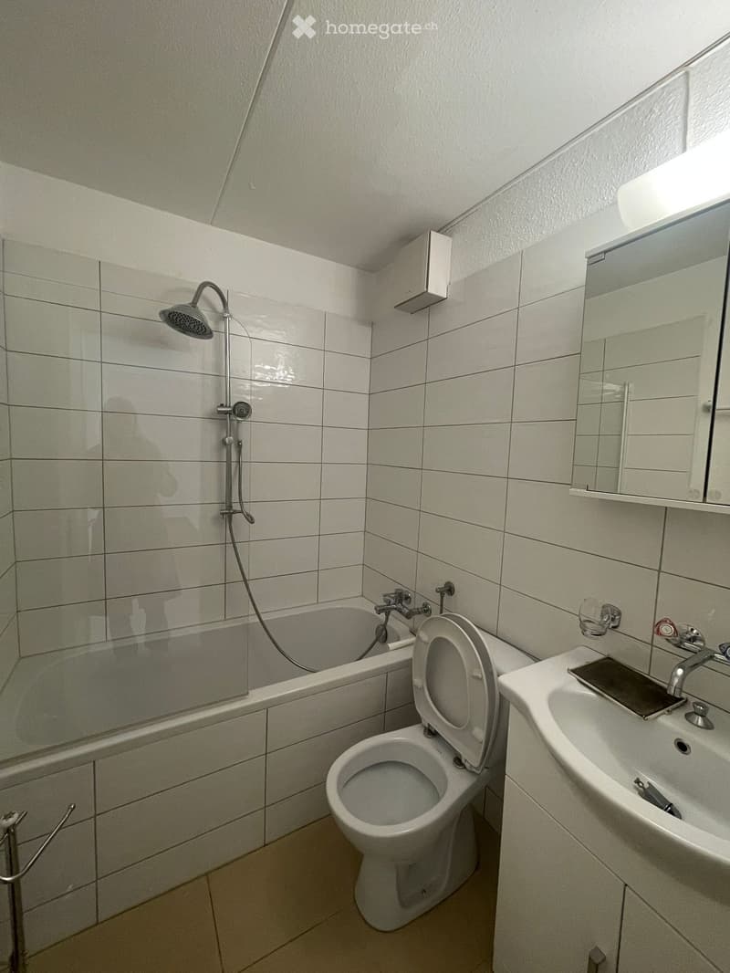 white tiled bathroom with bathtub, shower, toilet, sink, mirror