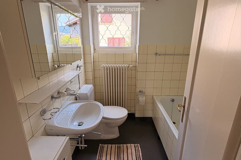 Bathroom with beige tiled walls, a white sink, toilet, bathtub, radiator, and a mirror above the sink. The floor is dark grey with a small striped rug.