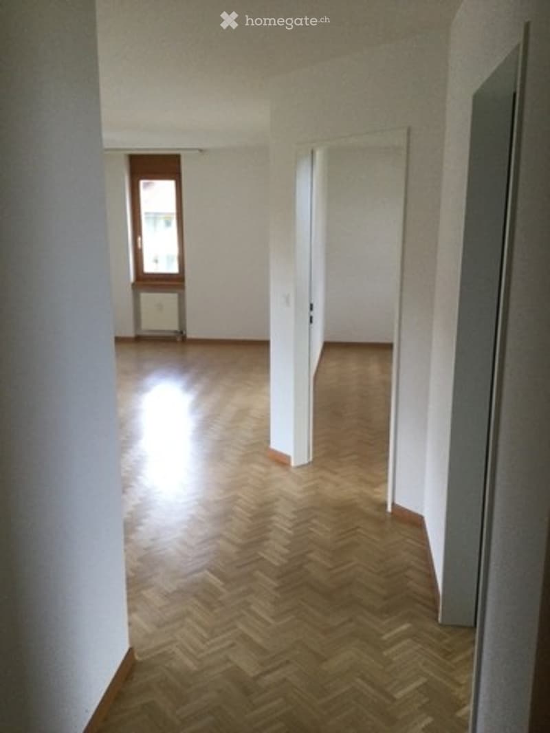 Empty hallway with wooden herringbone flooring, white walls, and a window at the far end.