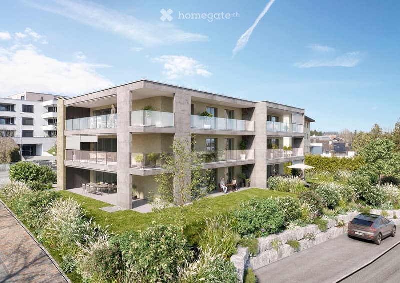 Modern multi-story residential building with balconies, greenery, and outdoor seating areas.