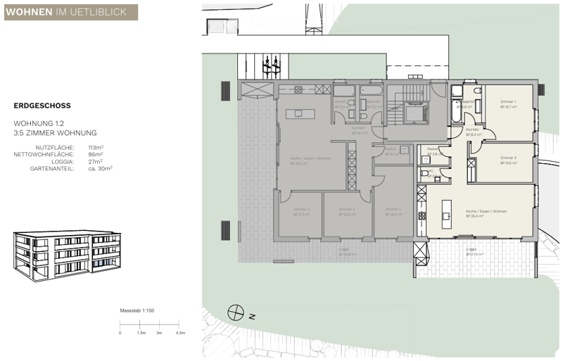 Floor plan of a 3.5-room apartment on the ground floor, including kitchen, living/dining area, three bedrooms, two bathrooms, and a loggia.