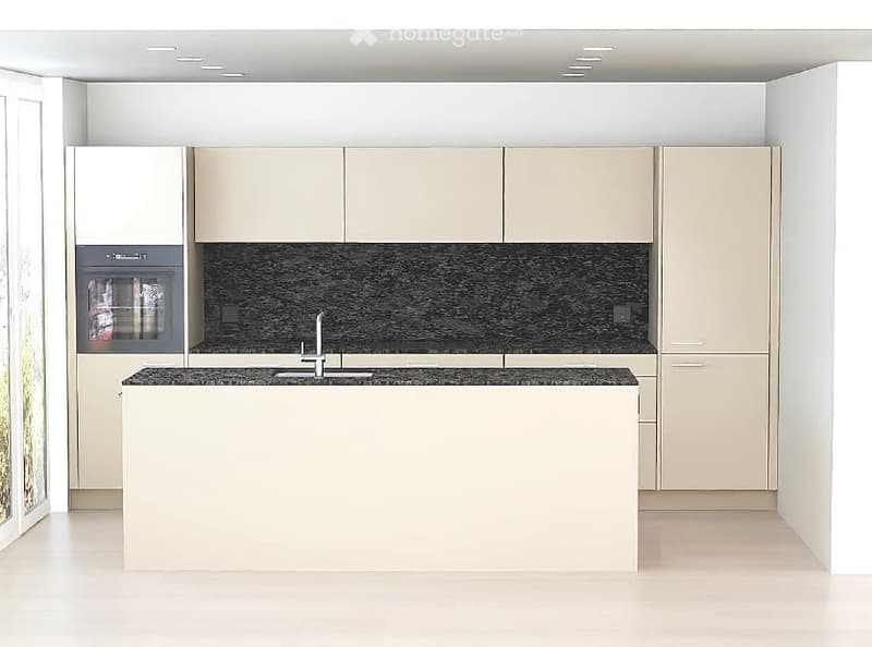 Modern kitchen with light-colored cabinets, a central island, and a black countertop. Features include a built-in oven and a sleek faucet over the sink.