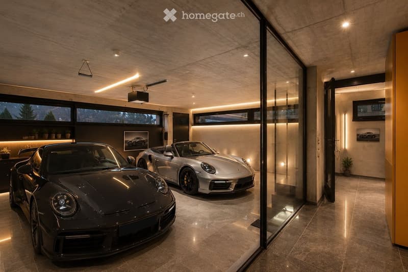 Modern garage with two luxury cars parked inside, sleek lighting, large windows, and framed artwork on the walls.