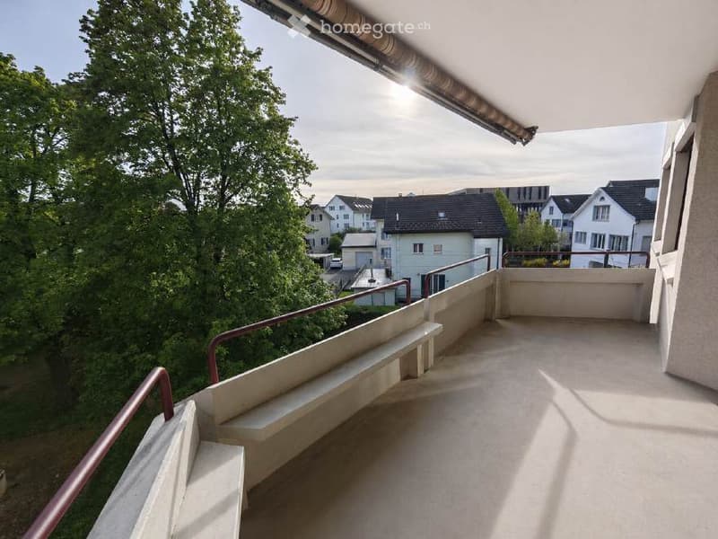 Balcony with concrete floor, metal railing, and steps leading to a lower level, overlooking a residential area with trees and houses.