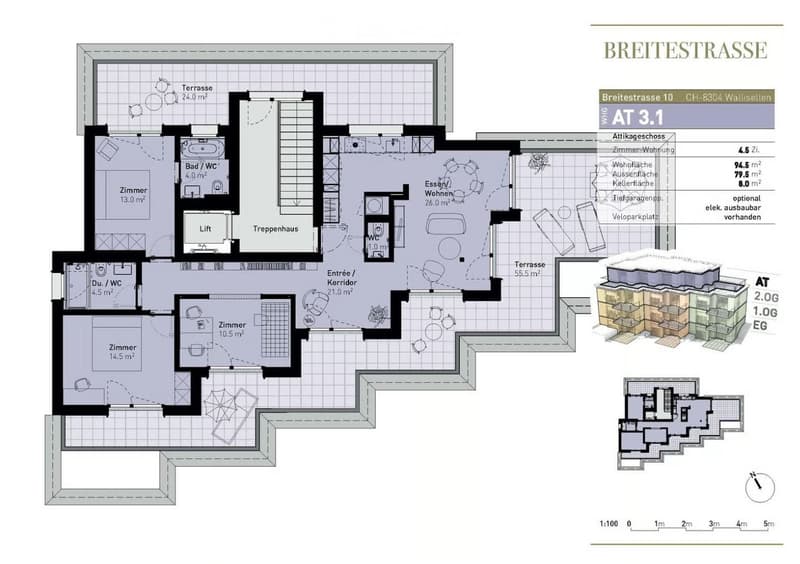 Floor plan of a 4.5-room apartment with 94.5 m² living area, 79.5 m² usable area, and 8.0 m² cellar area. Includes rooms, bathrooms, entrance, corridor, staircase, and terraces.