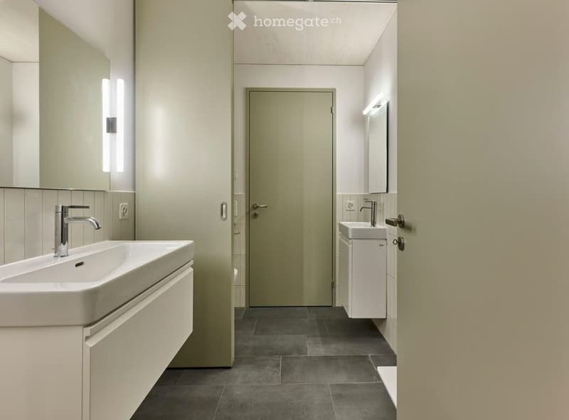 Modern bathroom with two sinks, sleek faucets, built-in cabinets, and large mirrors. Dark tiled floor and light-colored walls.