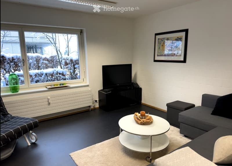 Modern living room with large windows, grey sofa, white coffee table, ottoman, TV stand, and decorative items.