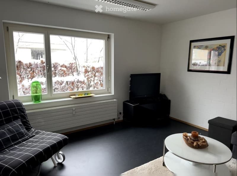 Modern living room with dark flooring, white brick accent wall, large window with snow view, sofa, coffee table, TV, and decorative items.