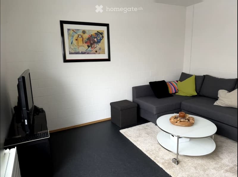 Modern living room with a grey sectional sofa, white coffee table, black ottoman, flat-screen TV, and artwork on the wall.