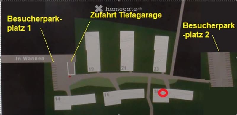 Floor plan showing building layout with labeled parking spaces and access to underground garage.