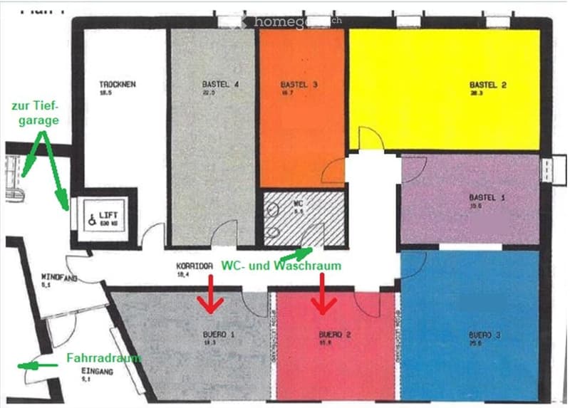 Floor plan of a multi-room space including four bedrooms (Bastel 1-4), three offices (Büro 1-3), a WC and washroom, a corridor, a bicycle room, and a lift to the underground garage.