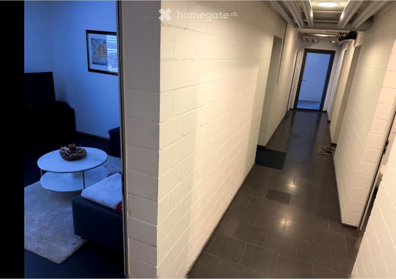 A modern hallway with white brick walls, dark tiled flooring, and a partially visible adjacent room featuring a white coffee table, a small sofa, and a white rug.