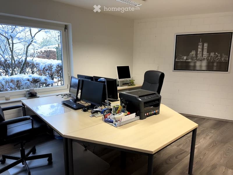 Office space with a large desk, multiple computer monitors, a printer, office chairs, and a framed cityscape picture on the wall. Large window with a snowy outdoor view.