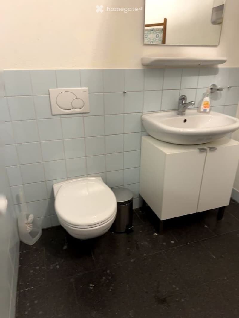 Modern bathroom with white tiles, a toilet, a sink with a cabinet, a mirror, and a small trash can.