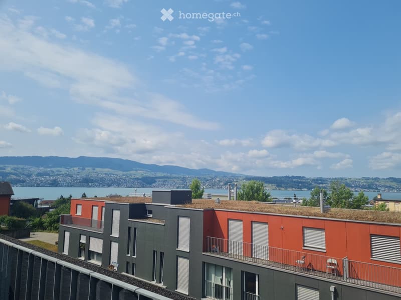 Modern multi-story building with red and grey exterior, featuring balconies, a green roof, and a scenic view of a lake and distant mountains.