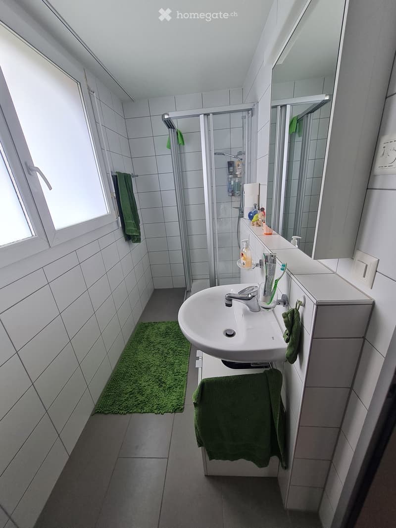 Modern bathroom with white tiles, a sink with a chrome faucet, a large mirror, a shower area with a glass door, and green towels on the cabinet and floor.