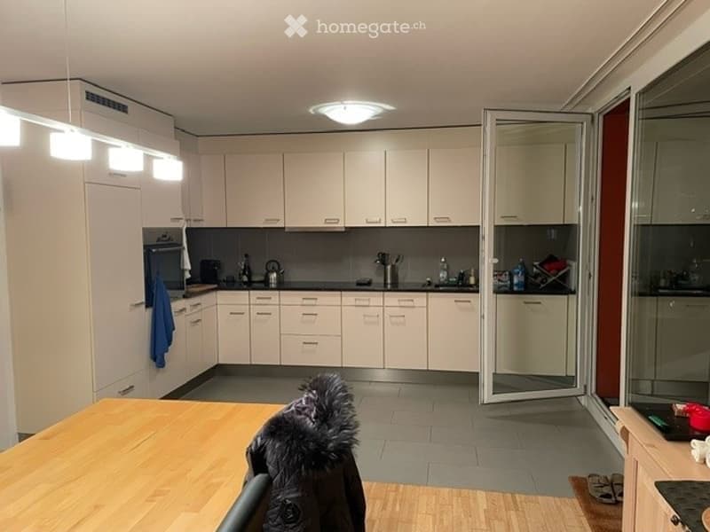 Modern kitchen with white cabinets, stainless steel appliances, and a wooden dining table with a fur coat draped over a chair.