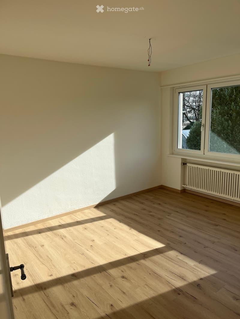 Empty room with light wooden flooring, white walls, and a window with a radiator below it. Sunlight streams in, casting shadows on the floor.