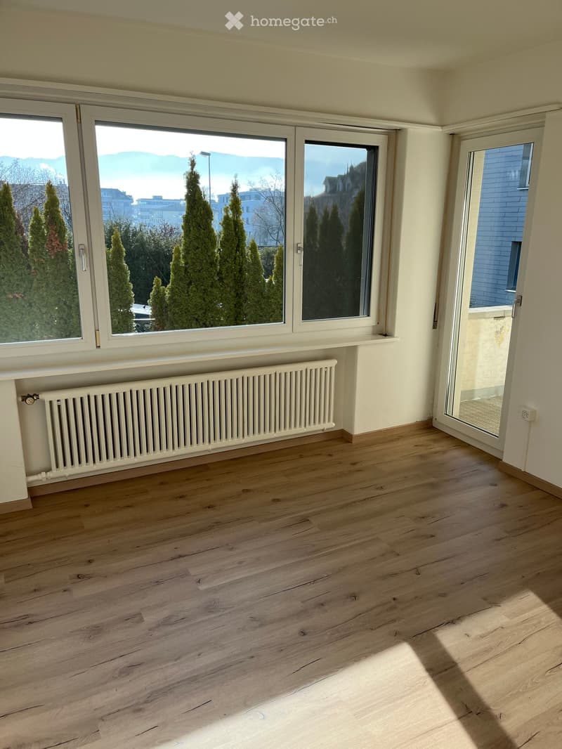 Empty room with light wooden flooring, white walls, large windows with a view of trees and buildings, and a white radiator below the windows.