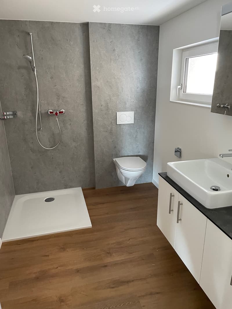 Modern bathroom with wooden flooring, a white bathtub, a toilet, a sink with a cabinet, and a shower area with grey tiled walls.