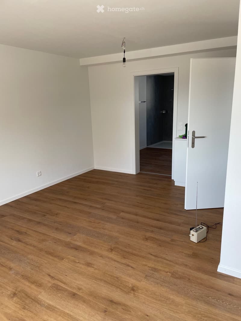 Empty room with wooden flooring, white walls, and a single open doorway leading to another space. A small white device with a cable is visible near the doorway.