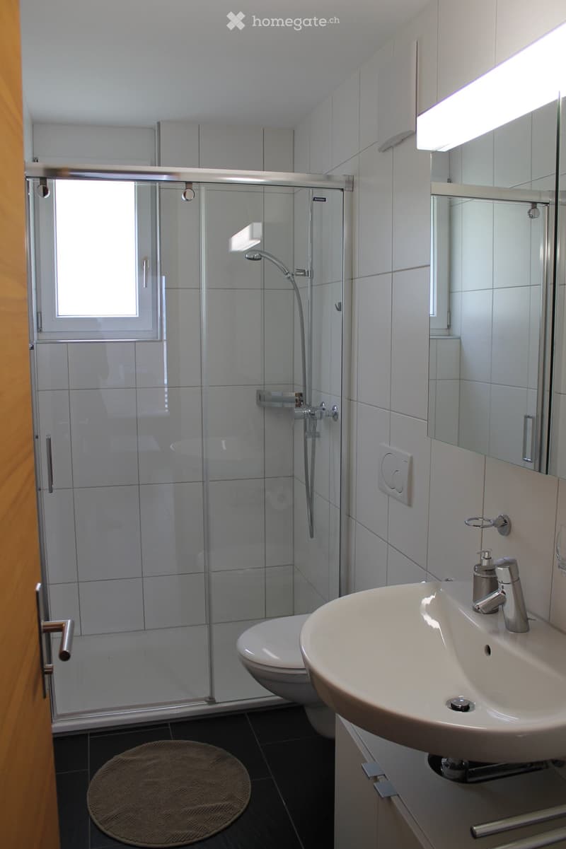 Modern bathroom with white tiles, a glass-enclosed shower, a sink with a modern faucet, a toilet, and a large mirror with built-in lighting. The floor is dark, and a round woven mat is placed in front of the shower.