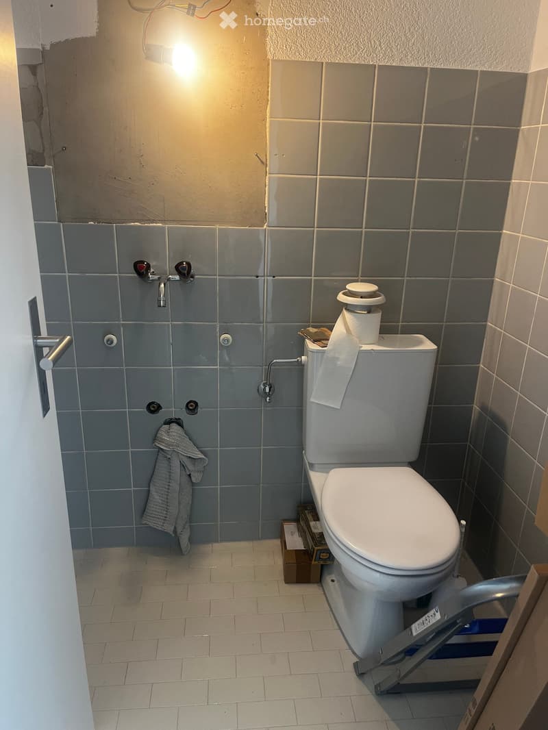 Small bathroom with a toilet, tiled walls, a towel hanging on the wall, and a small shelf with items underneath the toilet.