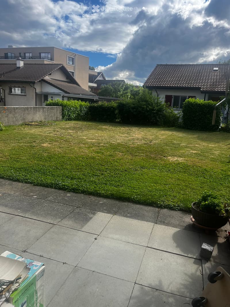 A well-maintained garden with a lawn, trimmed hedges, and a concrete patio area. There are several houses visible in the background, and the sky is partly cloudy.