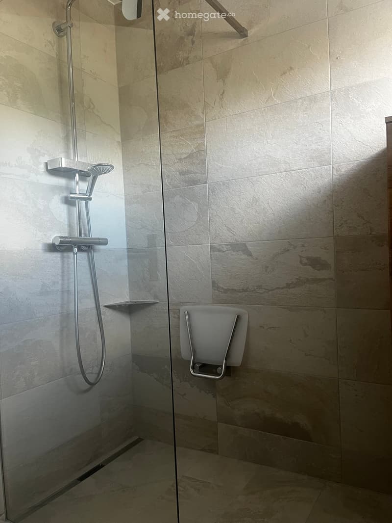 Modern shower area with marble tiles, glass enclosure, and a built-in seat. Features a multi-function showerhead and rail system.