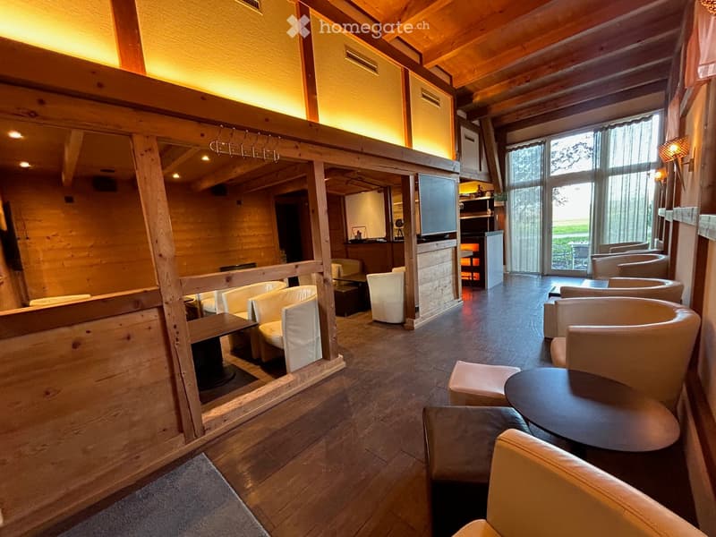 wooden interior, large windows, lounge chairs, fireplace, modern style