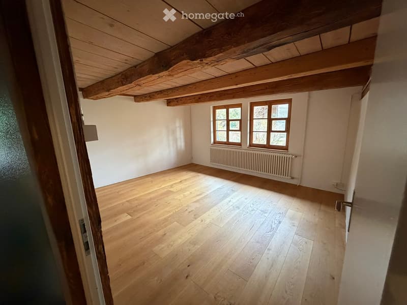 empty room, wooden floor, white walls, wooden ceiling, white radiator, two windows