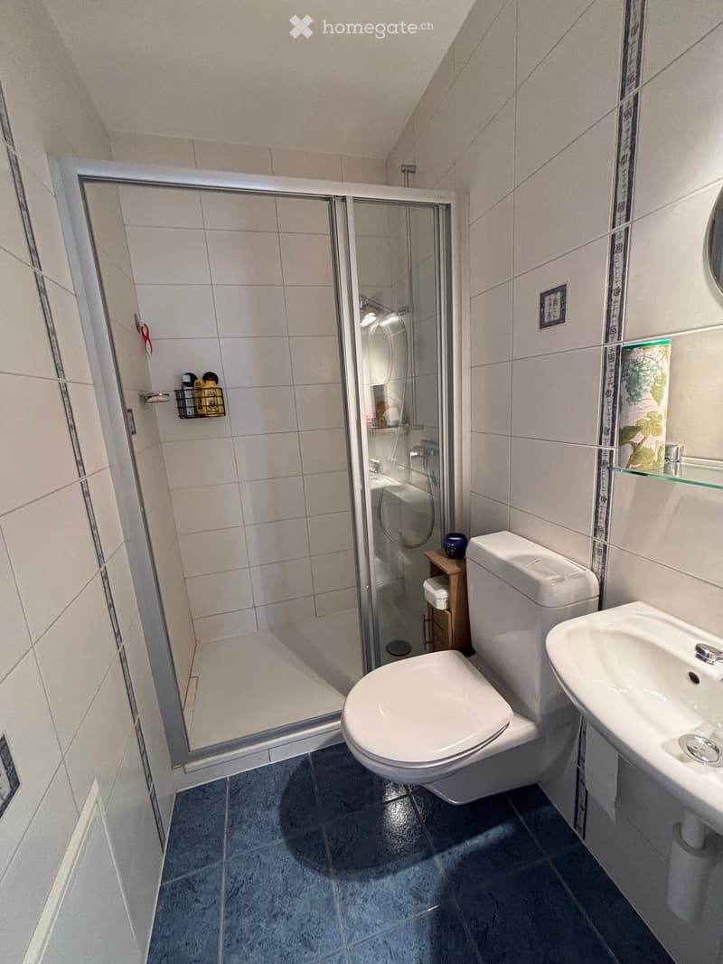 Modern bathroom with white tiles, a glass-enclosed shower, a toilet, a sink, and a small wooden cabinet holding a cup.