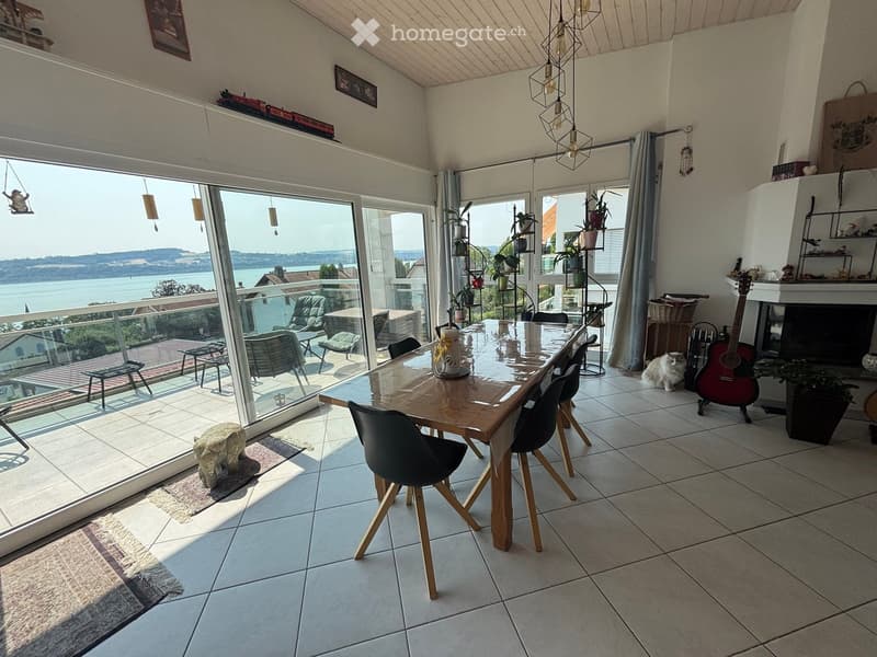 Bright dining area with large windows offering a scenic view, featuring a wooden dining table, black chairs, a guitar, a cat, and decorative plants.