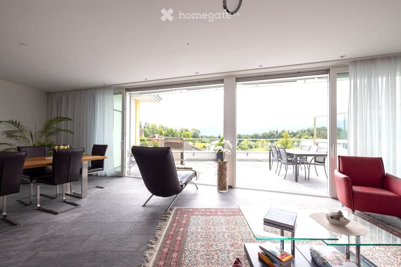 Modern living and dining area with large sliding glass doors opening to a balcony, featuring a red leather armchair, glass coffee table, dining table with chairs, and decorative vases.