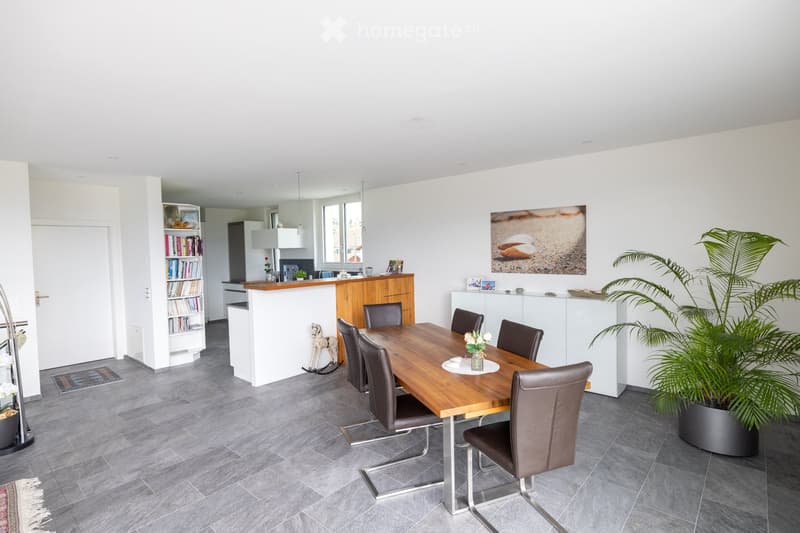 Open-plan dining and kitchen area with a wooden dining table, six chairs, a bookshelf, a kitchen island, and a potted plant.
