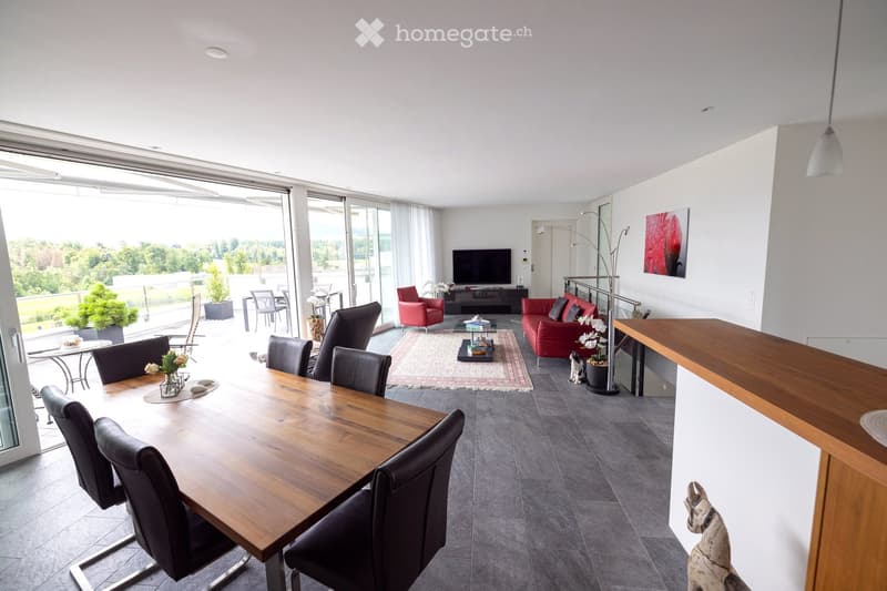 Modern living and dining area with large windows offering a scenic view, featuring a wooden dining table with chairs, a red sofa, a television, and a floor lamp.
