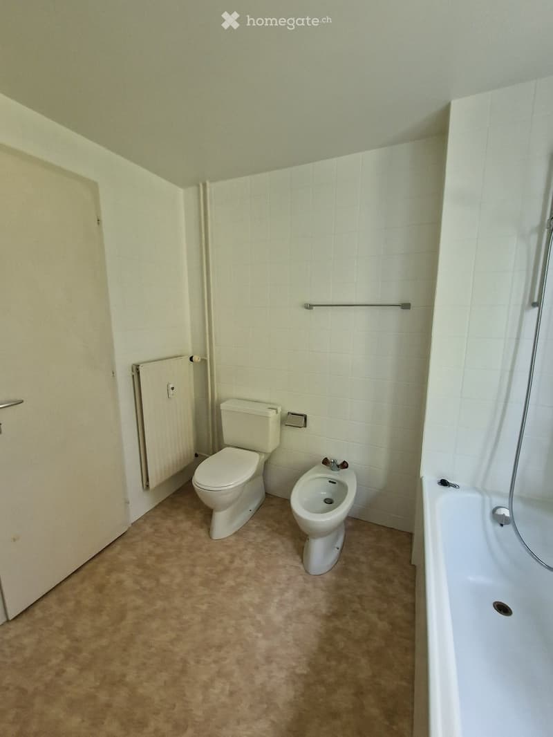 Bathroom with a toilet, bidet, bathtub, radiator, and towel rack. Light-colored tiles and neutral walls.