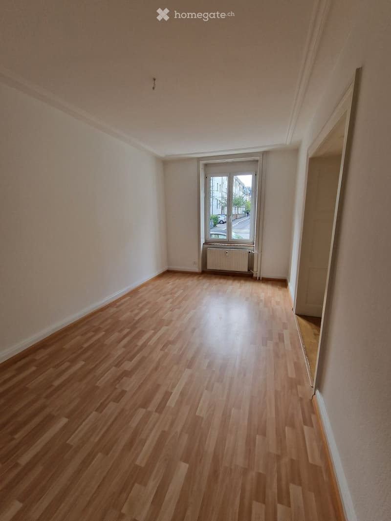 Empty hallway with wooden flooring, light-colored walls, and a window at the end showing a street view.