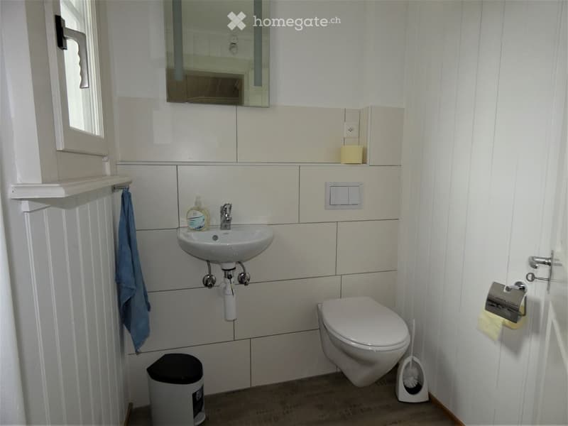 A small bathroom with white tiles, a sink, a toilet, a mirror, a towel, and a trash bin.