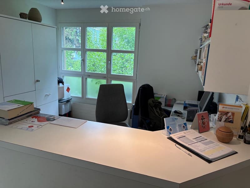 Office space with a large desk, chairs, laptop, books, and a cabinet.